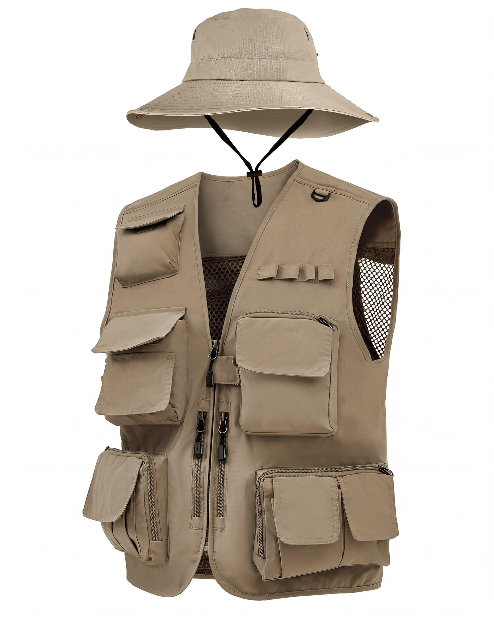 Shihanee 2 Pcs Fisherman Costume Vest, Multi Pocket for Halloween Medium Khaki