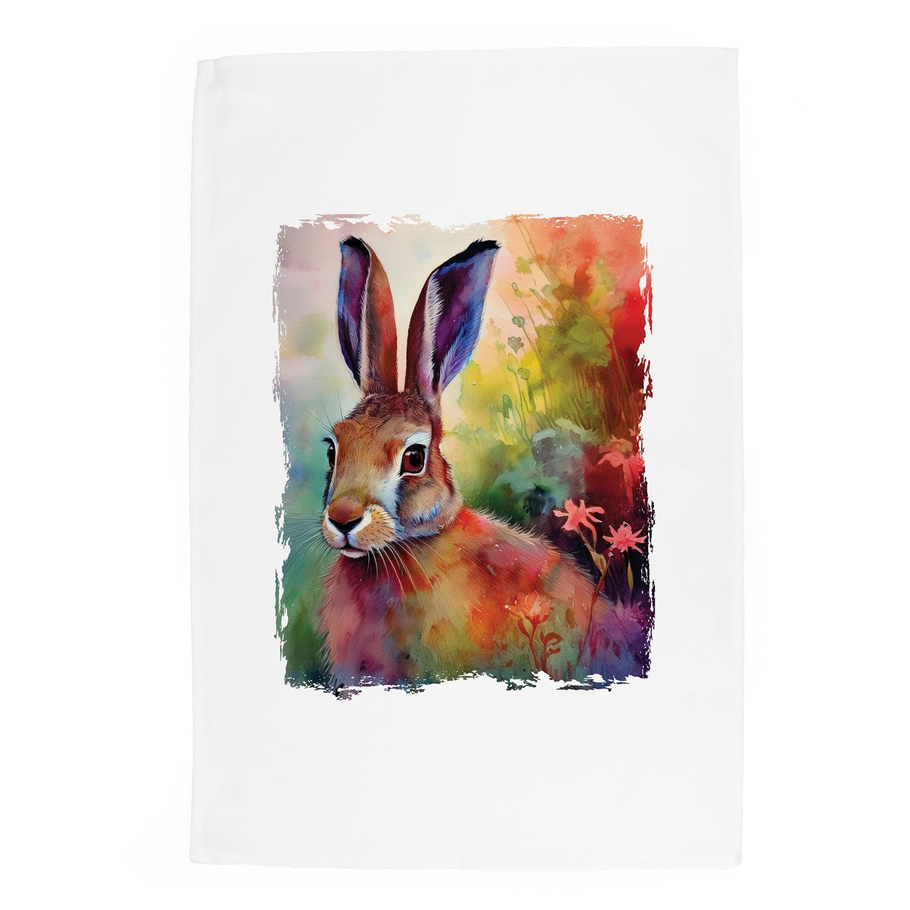 Purely Home Multicoloured Vibrant Hare Tea Towel - Watercolour Animal Gift Panama Cotton Kitchen Dish Towel/Drying Cloth - 67Cm X 45Cm