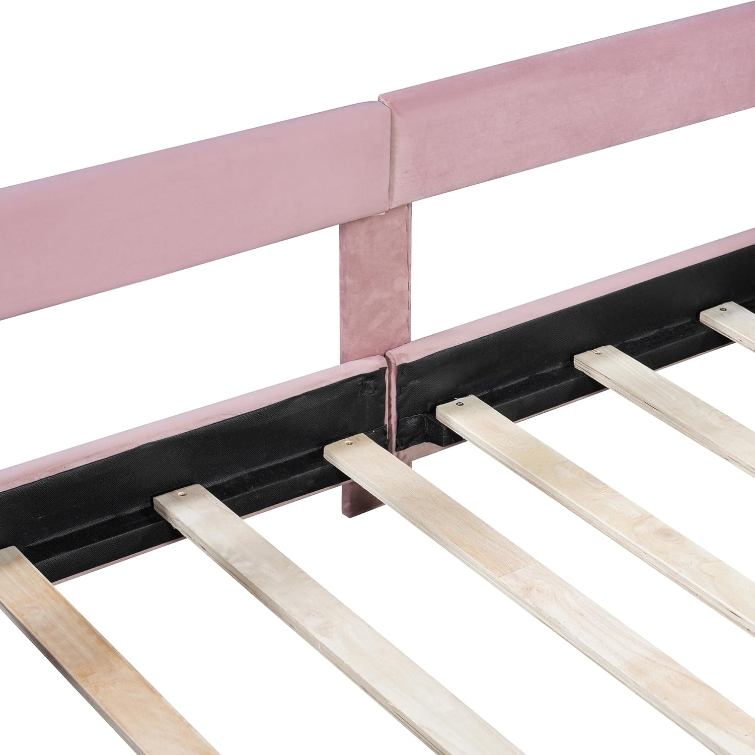 Harper & Bright Designs Upholstered Twin Daybed Frame for Kids, Velvet Twin Platform Bed with Carton Ears Shaped Headboard, Wood Twin Sofa Bed for Girls Boys (Twin Size, Pink)