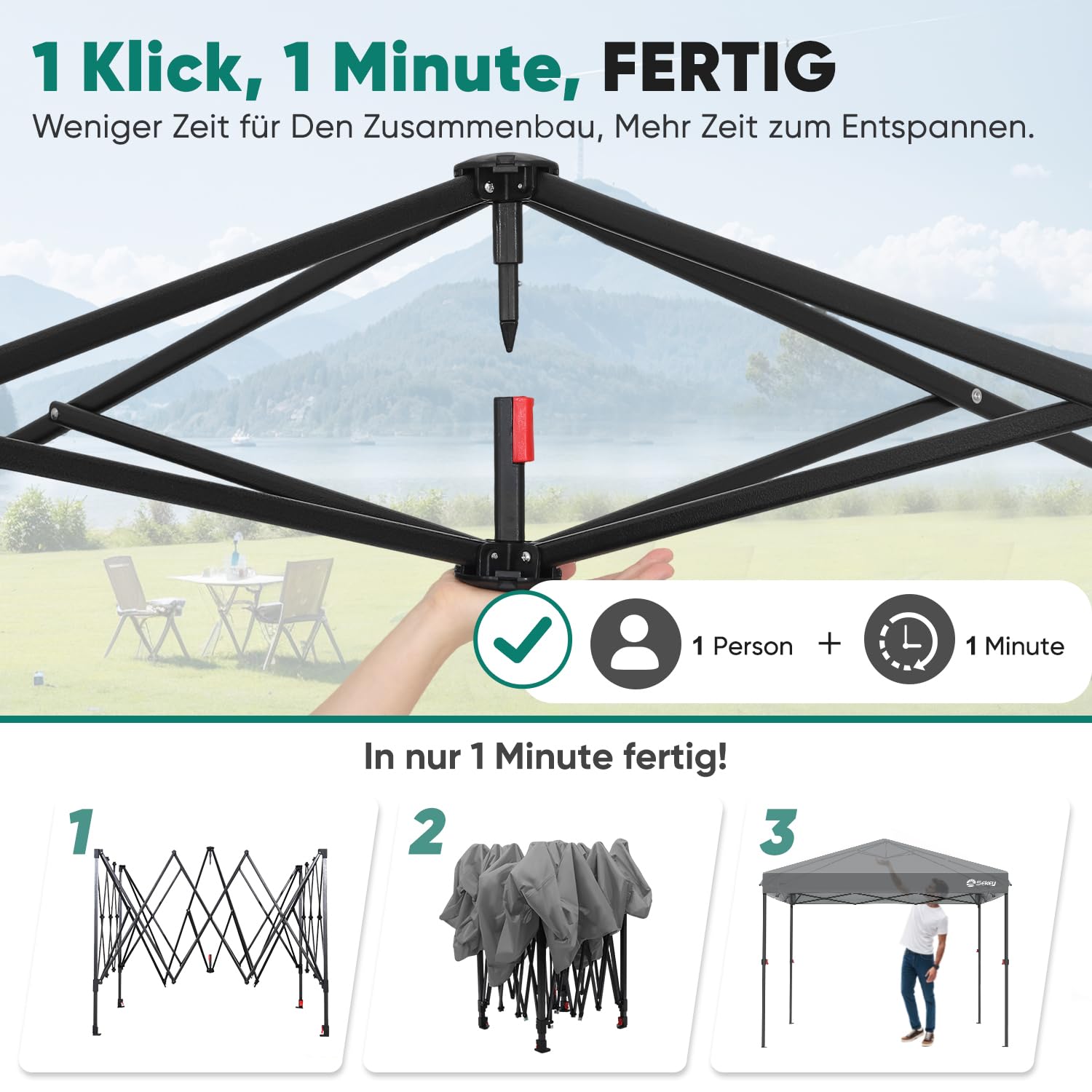 Sekey Tonnelle pop-up de 3 x 3 m, imperméable, stable, pliante, 3 x 3 m, avec parois latérales, tente de fête, pliable, pour camping, fête, hauteur réglable en continu de 250 à 270 cm (gris, 3 x 3 m)