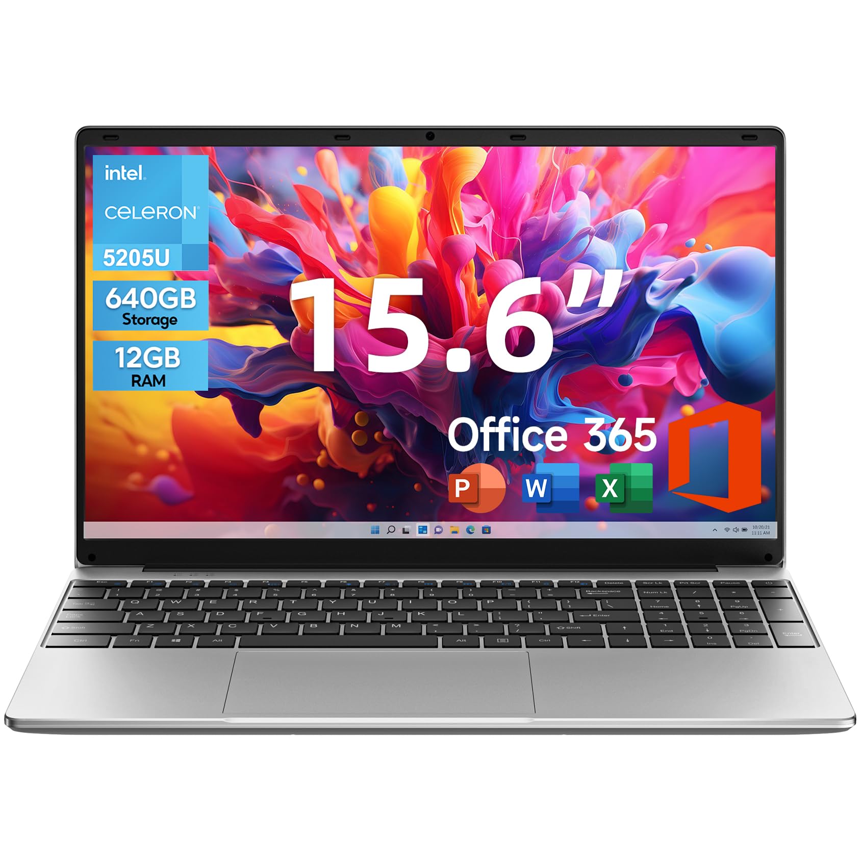 Laptop 15.6 Inch FHD IPS Display, 12GB RAM 640GB ROM, Windows 11 Computer with Office 365 Subscription, 38Wh Battery, 2 Stereo Speakers, USB3.0 * 2, HDMI.