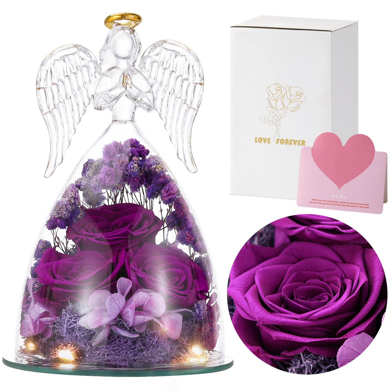 Emibele Preserved Rose Glass Angel Figurines Gifts for Mom Grandma, Purple
