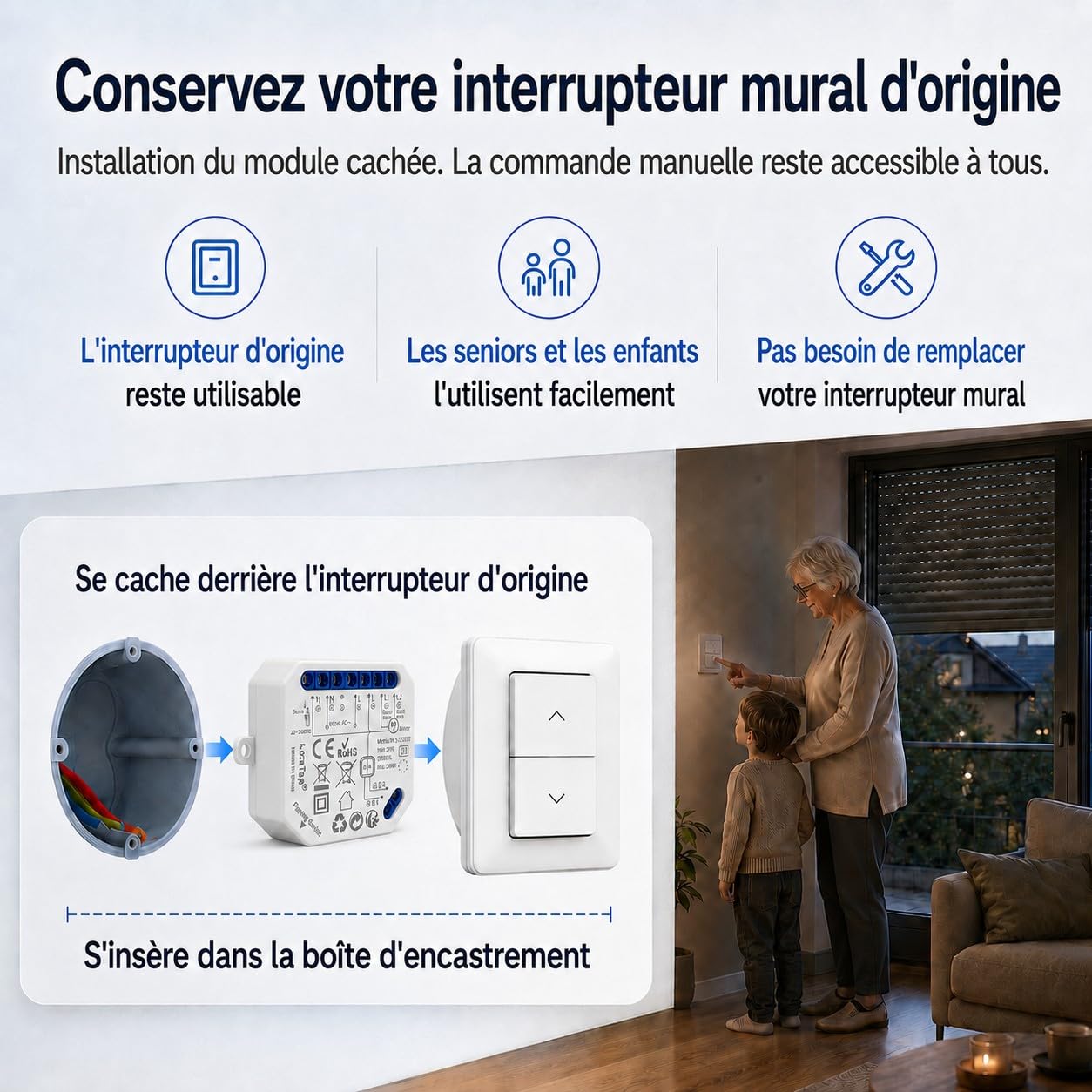 LoraTap 4 Interrupteur Module Volet Roulant Connecté, Commutateur Rideau Stores WiFi, Compatible avec Alexa Google Home pour Commande Vocale, Minuterie Intelligent Moteur Mural