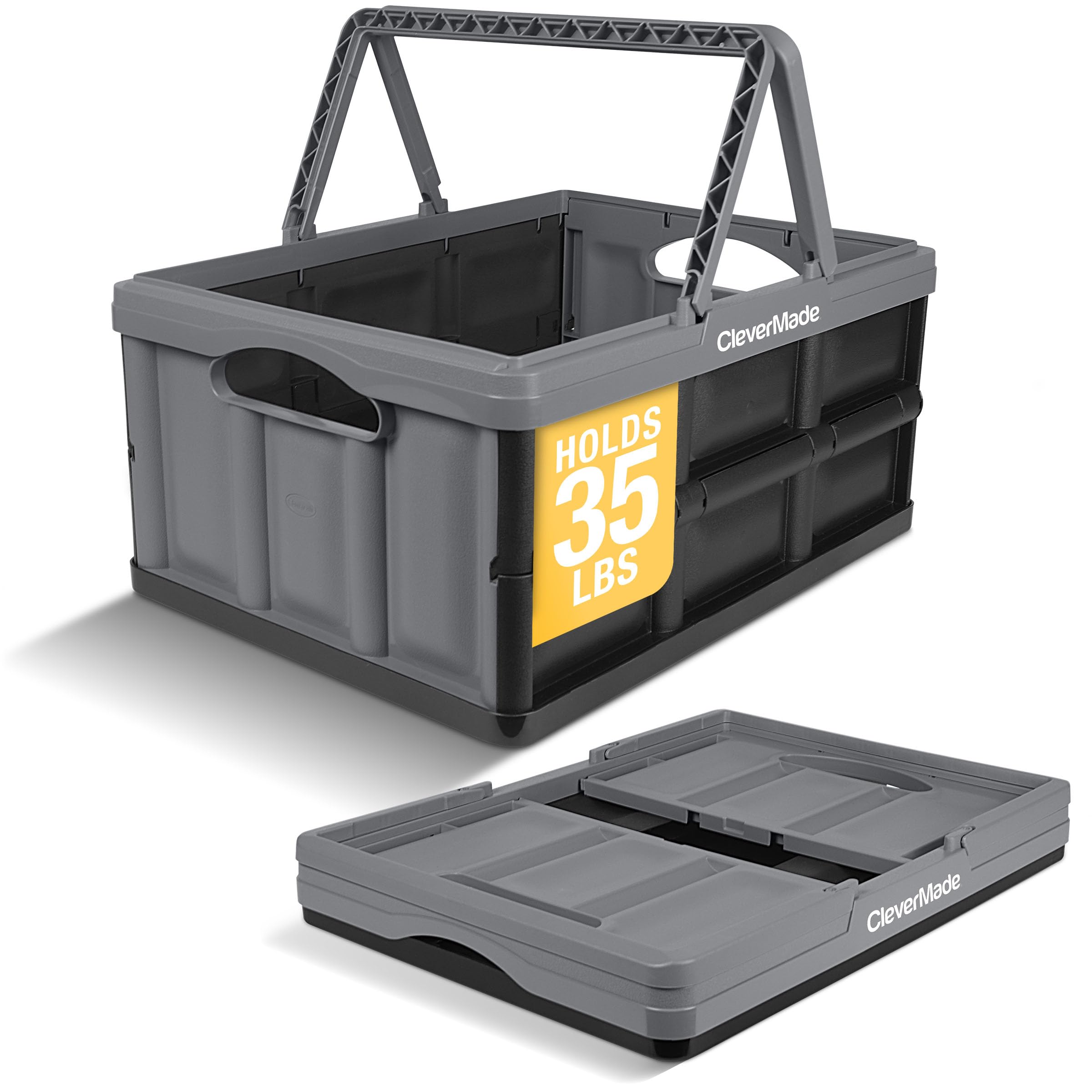 CleverMade Collapsible Shopping Basket, 32L Storage Crate, 1 Pack, Stone