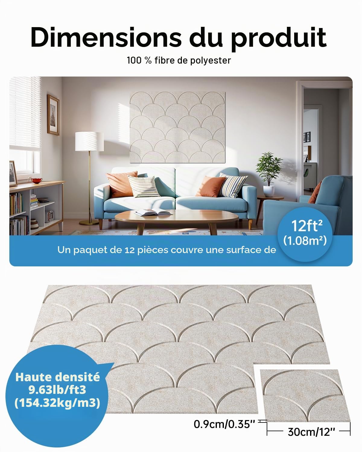 Soundsbay Panneaux Acoustiques Autocollant Beige Clair Lot de 12 Pièces | en Polyester, Isolation Acoustique et Décoration Murale 30×30×0,9cm