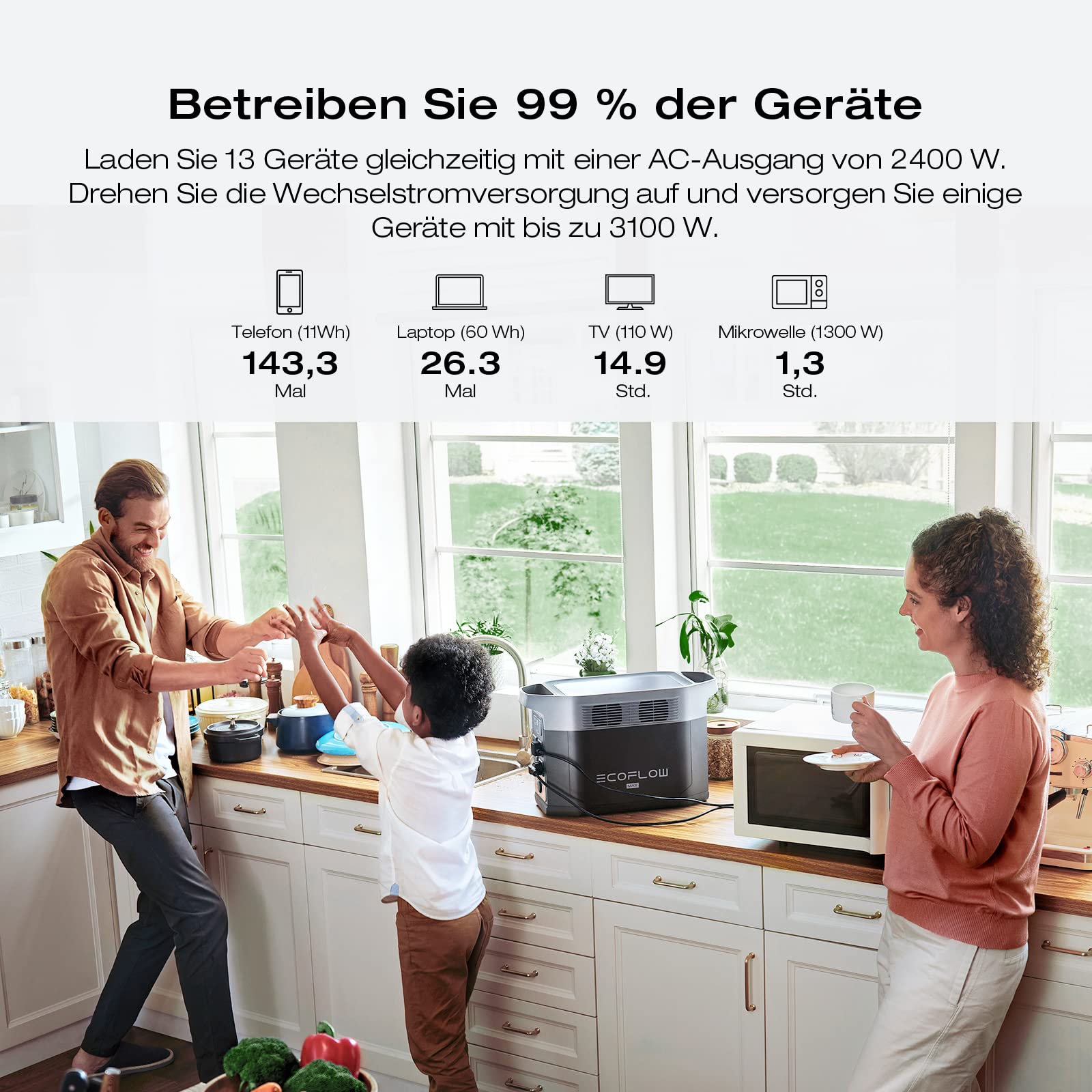 EcoFlow DELTA 2 Max tragbare Powerstation 2048Wh, erweiterbar 2-6 kWh, LFP-Batterie mit 3000 Zyklen, 80% Ladung <1 Std, 3000W Max Ausgangsleistung, Solargenerator für Zuhause, Camping, Wohnmobil - 4