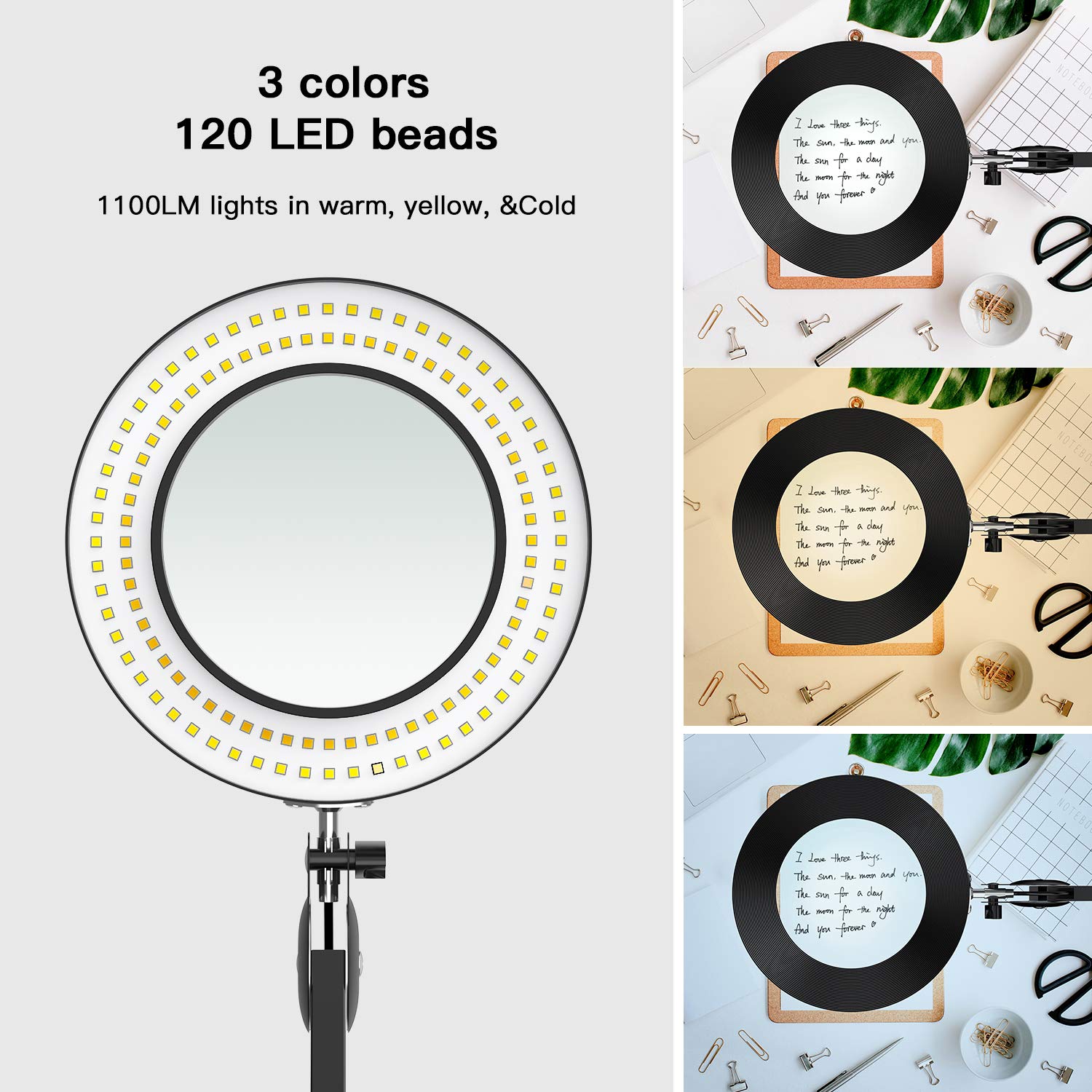 Lámpara de Aumento LED, lámpara de Escritorio para Trabajo Pesado, Lente de Vidrio de 5 dioptrías de 125 mm con Luces Regulables en Modo de 3 Colores