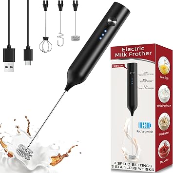 Milk Frother, Rechargeable & Handheld Frother Wand for Coffee, 3 Speed Adjustable Drink Mixer With 3 Stainless Whisks for Matcha, Lattes, Cappuccino, Egg, Electric Whisk Foam Maker Black