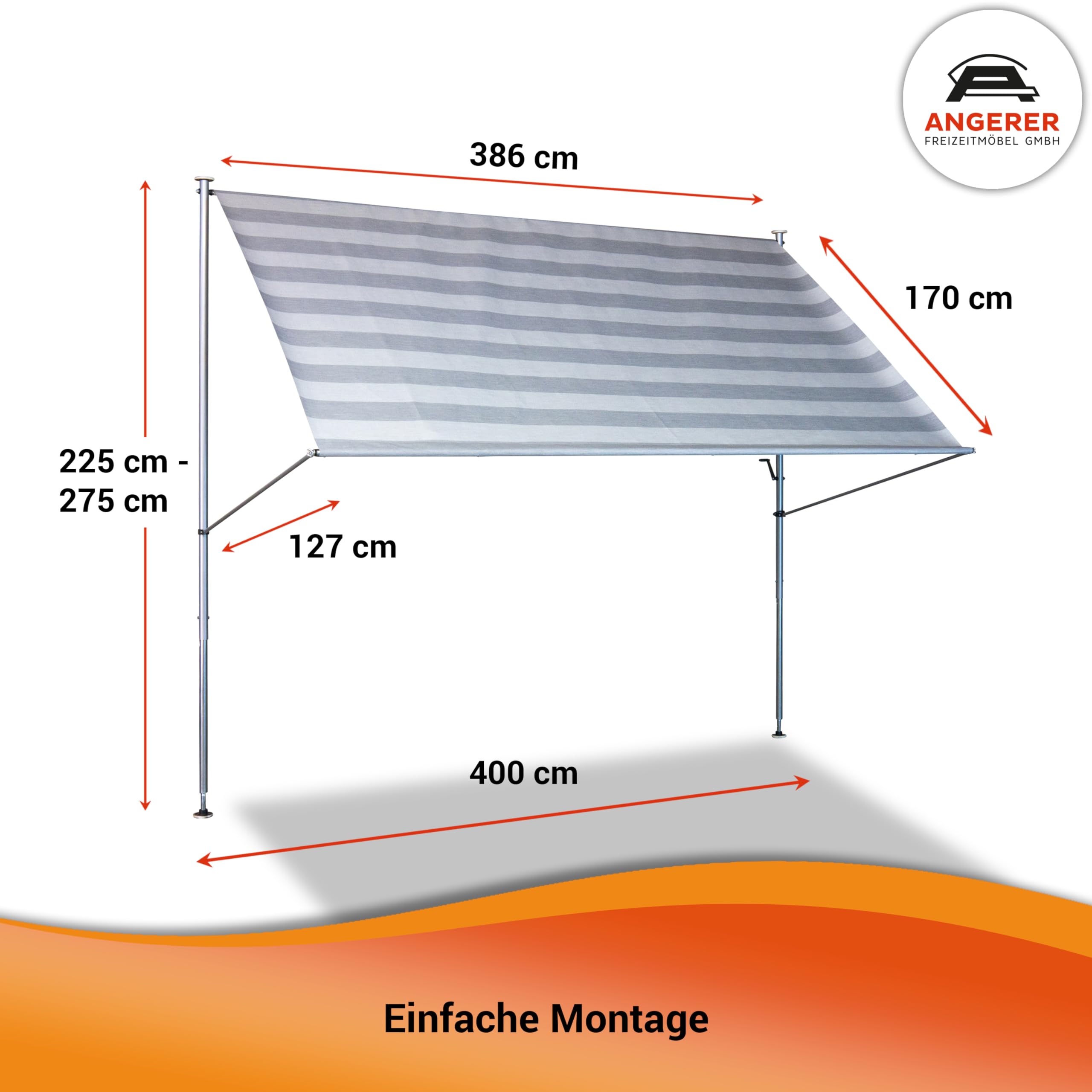 Angerer Store banne Manuel rétractable auvent téléscopique sans perçage, Inclinaison et Hauteur réglable, Rayures Gris foncé, 400 cm