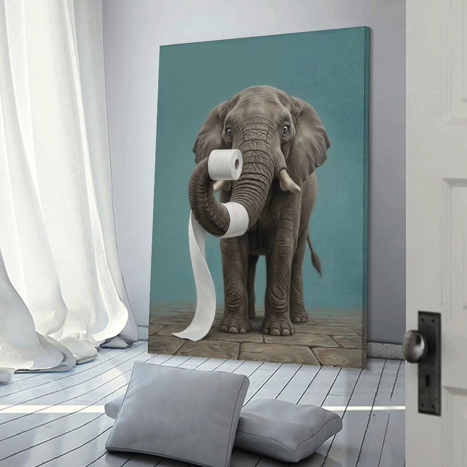 Junmoney Wall Decor Canvas Print Elephant with Toilet Paper, 24x36inch(60x90cm), for Home Lounge, Bedroom Or Reading Nook, Canvas Styling for A Polished Room Look