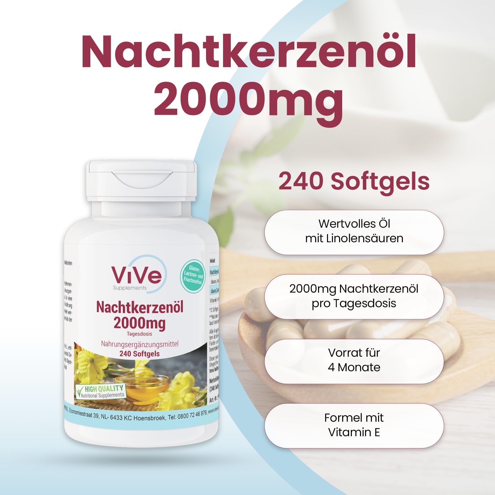 Nachtkerzenöl 2000mg - 240 Softgels -Linolsäuren + Vitamin E - Hochdosiert - Qualität aus Deutschland - ViVe Supplements