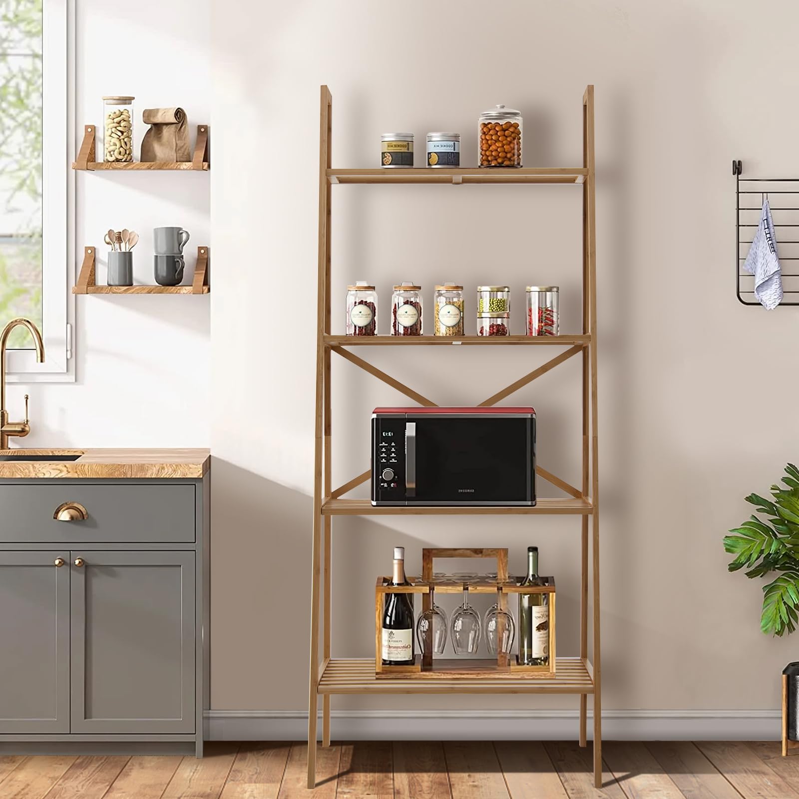 HOMASIS Étagère multifonctionnelle en bambou, porte-livres, 4 niveaux, 60 x 35,5 x 148 cm, naturel
