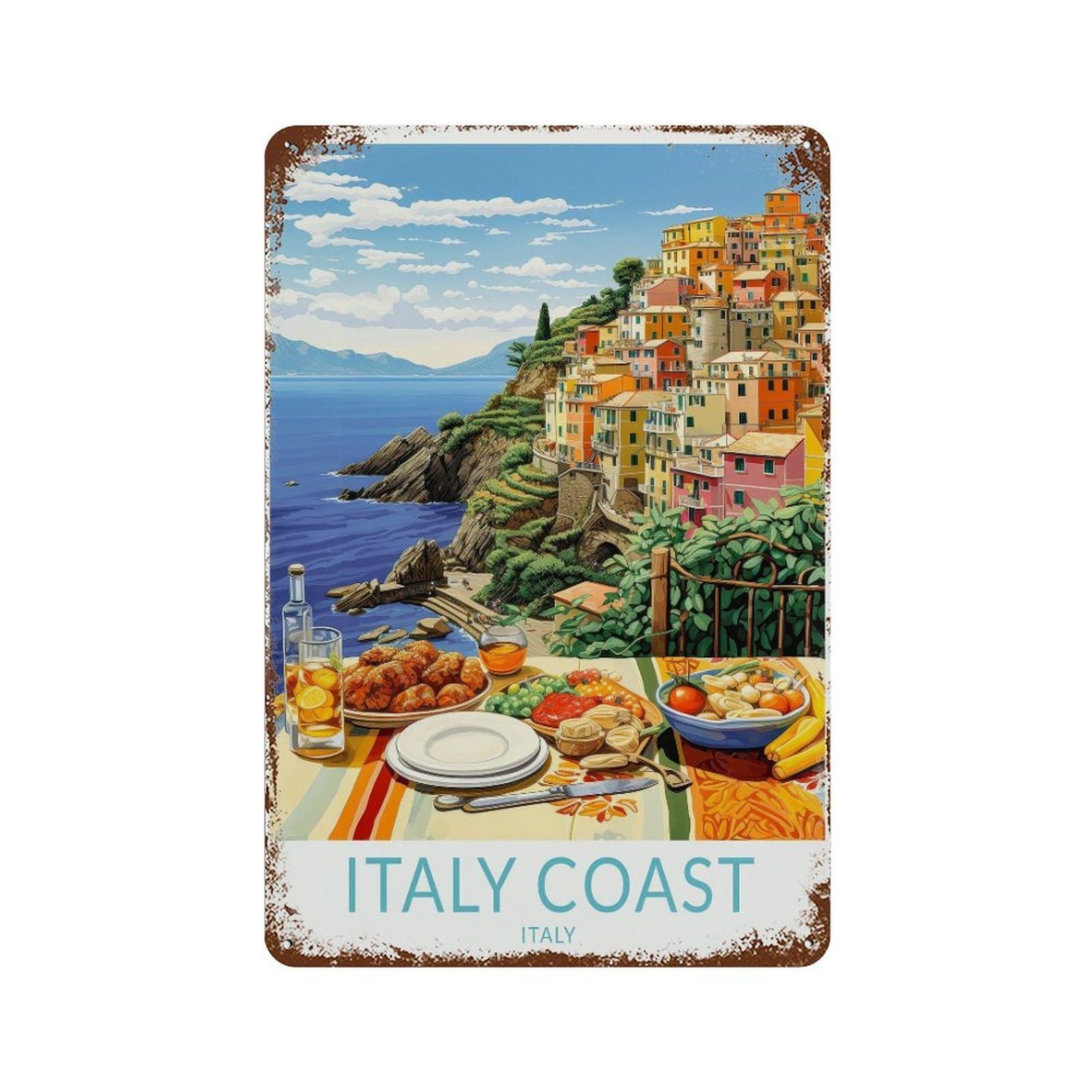 xiaoxiaoshen Italy Coast Travel Italian Food Amalfi Cinque Terre Gallery Wall Decor Art Metal Tin Poster Modern Home Decor Art Home Bar Shop Decorations Vintage Sign 30x20cm