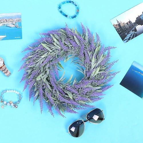 Miniatura 2 de Corona de lavanda artificial de 11 pulgadas para puerta delantera, corona de flores moradas con hojas verdes, corona de granja, para el hogar,