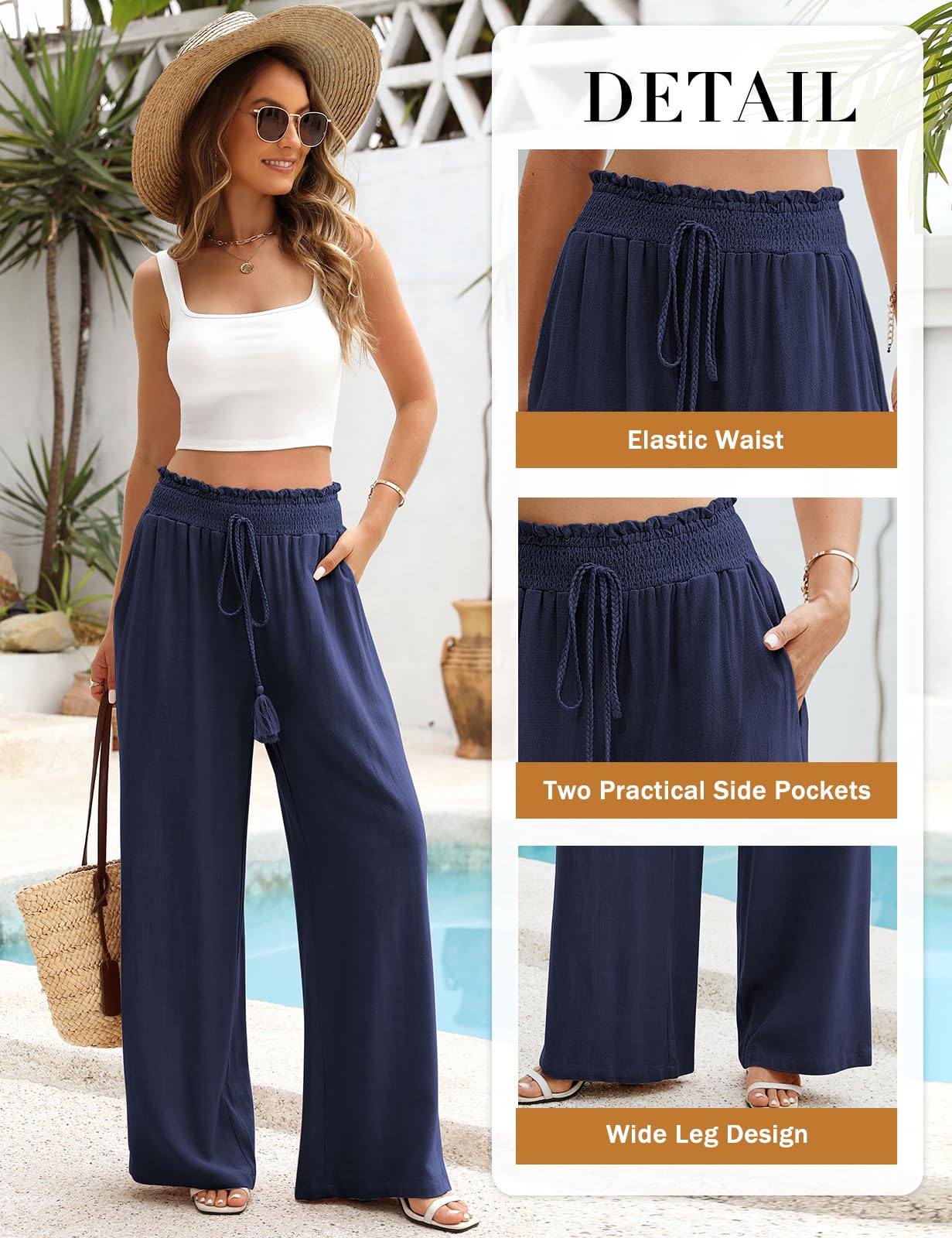 UMIPUBO Pantalon Lin Femme Été Coton Chanvre Décontractés Large Pantalons Fluide Elegant Chic Taille Haute Élastique Pantalon Léger Jogging Pants de Plage avec Poches