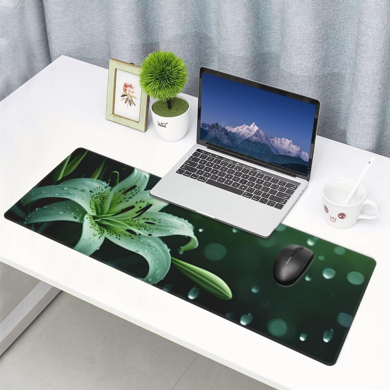 Tappetino Mouse, Tappetino Mouse Gaming Grande XXL 1500x800x3mm Tappetino Scrivania Mouse Pad, Base in Gomma Antiscivolo, Bordi Cuciti, Mousepad per Ufficio e Gaming (Fiore di giglio verde) R-456