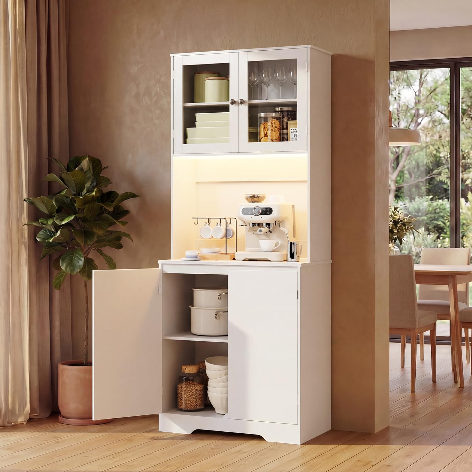 Xbro Credenza Cucina Alta con LED RGB e Presa Integrata, Mobile Cucina Salvaspazio con Vano Microonde e Ante in Vetro, Dispensa Moderna Coffee Station, 73x40x180 cm