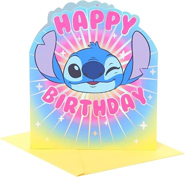 UK Greetings | Disney Lilo & Stitch Birthday Card | Happy Birthday Gifts | Her/Him | Stitch's Face Design | With Envelope | 18.4 x 15.9 cm