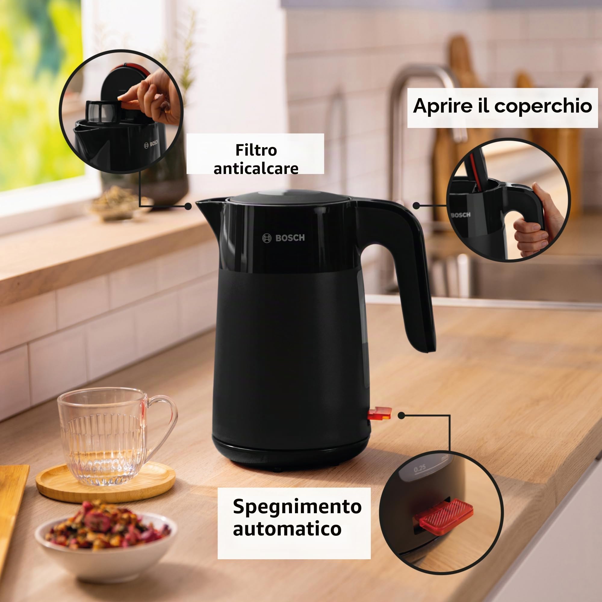 Bosch TWK2M163 Bollitore, Capacità 1.7 L, Filtro Anticalcare, Nero