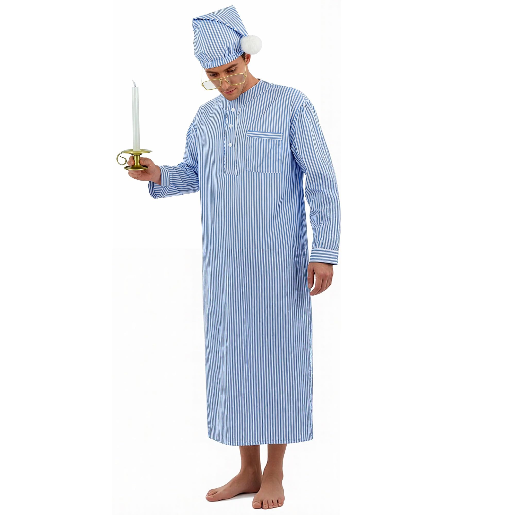 Voslett 5 Pcs Men Scrooge Costume Pajama Hat Glasses Candle Holder Halloween Christmas Carnival World Book Day Outfit Blue 2XL — image 1