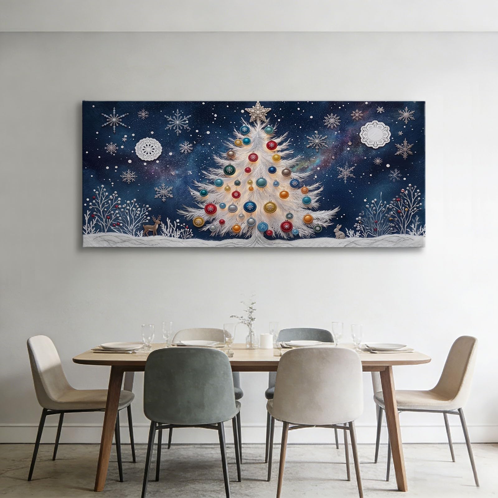 Obrazy na płótnie 140 x 70 cm, obraz na płótnie, Boże Narodzenie, duży dekoracyjny obraz ścienny, krajobraz śnieżny, płatki śniegu, sosna, druk artystyczny do salonu, sypialni, kuchni, dekoracja