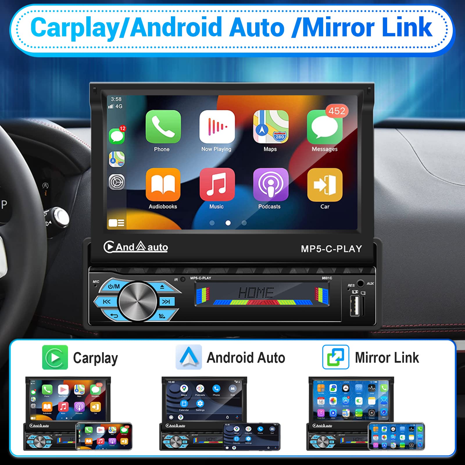 Hikity Autoradio Bluetooth 1 Din Automatique Retractable Pliant avec Carplay Android Auto,7'' Motorisé et Extensible Écran Poste Radio Voiture avec Bluetooth Mirror Link USB FM AUX Caméra de Recul