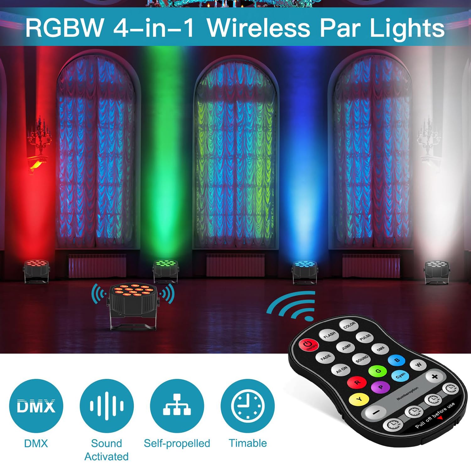 Lumières LED RGBW 4 en 1 rechargeables, alimentées par piles, lumières de scène activées par le son, avec télécommande et contrôle DMX pour événements et fêtes