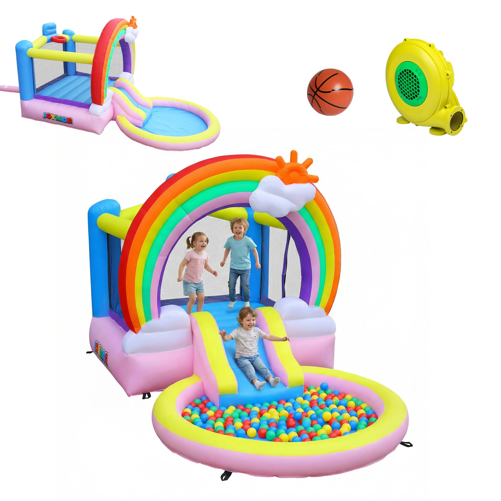 Bonnlo Tobogán Hinchable Infantil con Piscina, 370x192x192 cm, Cama Elástica y Diseño Arcoíris Nubes, Parque Inflable para Jardín Exterior e Inretior, Oxford 420D+840D