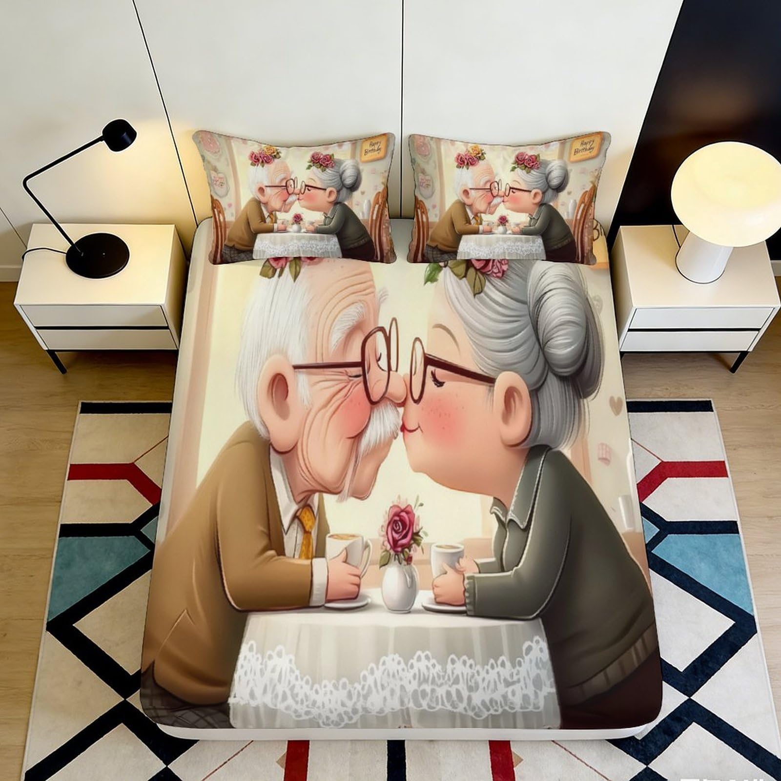 3D Printed Elderly Couple Romance Fitted Sheet Microfiber Artistic Bed Cover for Bedroom Guest Room Decor 90x200x25cm