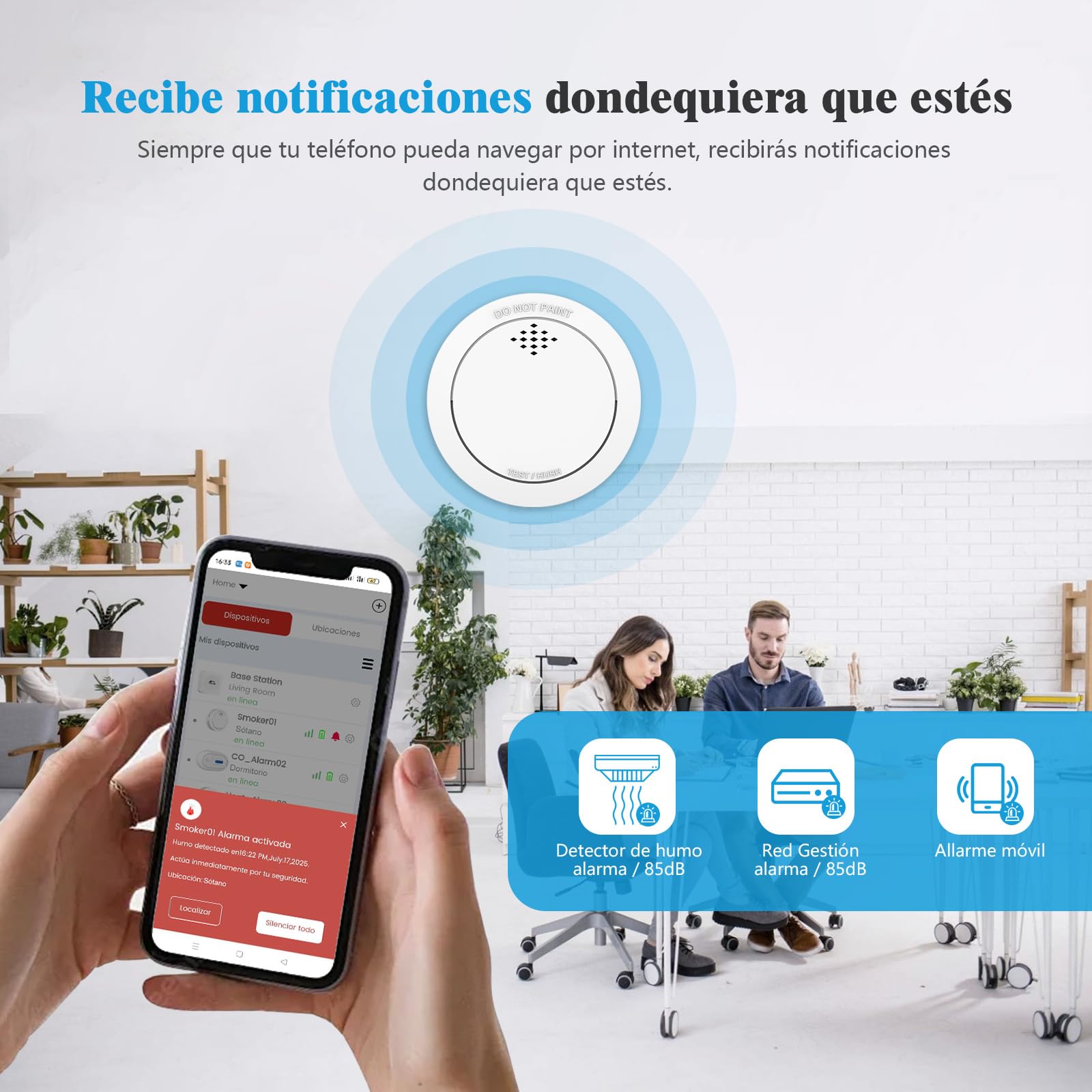 Detector de Humo con estación Base, 10 años interconectado Detector de Incendios Smart Conforme a EN14604, con batería reemplazable, sin Parpadeo LED, Compatible con la aplicación XINDUM, 2 Unidad