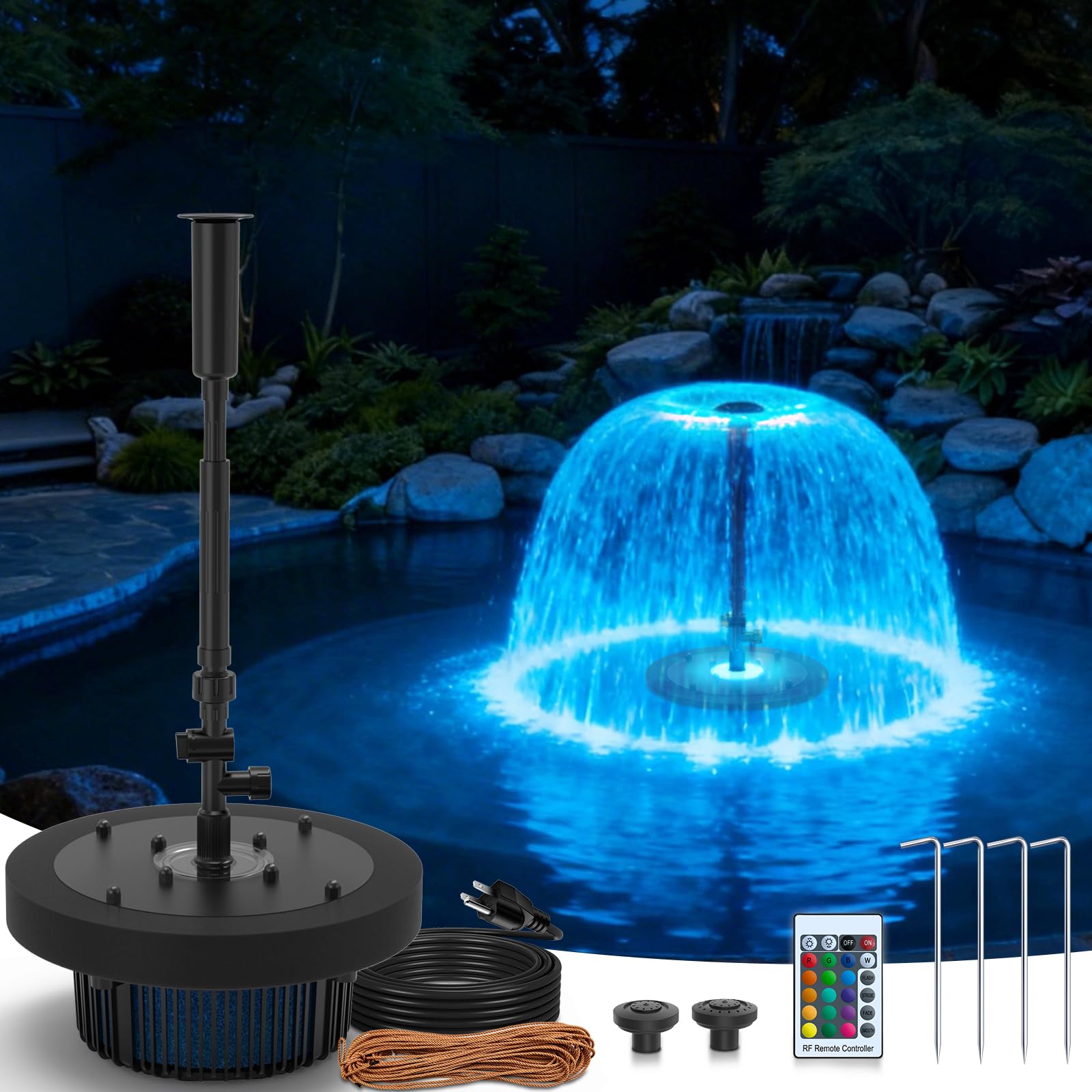 Photo 1 of VCRAZE Floating Pond Fountain Pump with Lights | Remote Control RGB LED | 880GPH Pond Fountain Aerator | Floating Fountain with 3 Spray Patterns | for Ponds, Pool, Water Garden