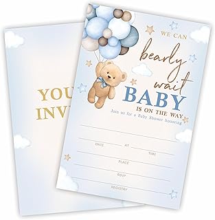 We Can Bearly Wait Baby Shower Invites, 25 Bear Balloon Double-Sided Fill-In Invites With Envelopes, For Boys And Girls Baby Announcement, Gender Reveal Party Favor & Supplies - A01