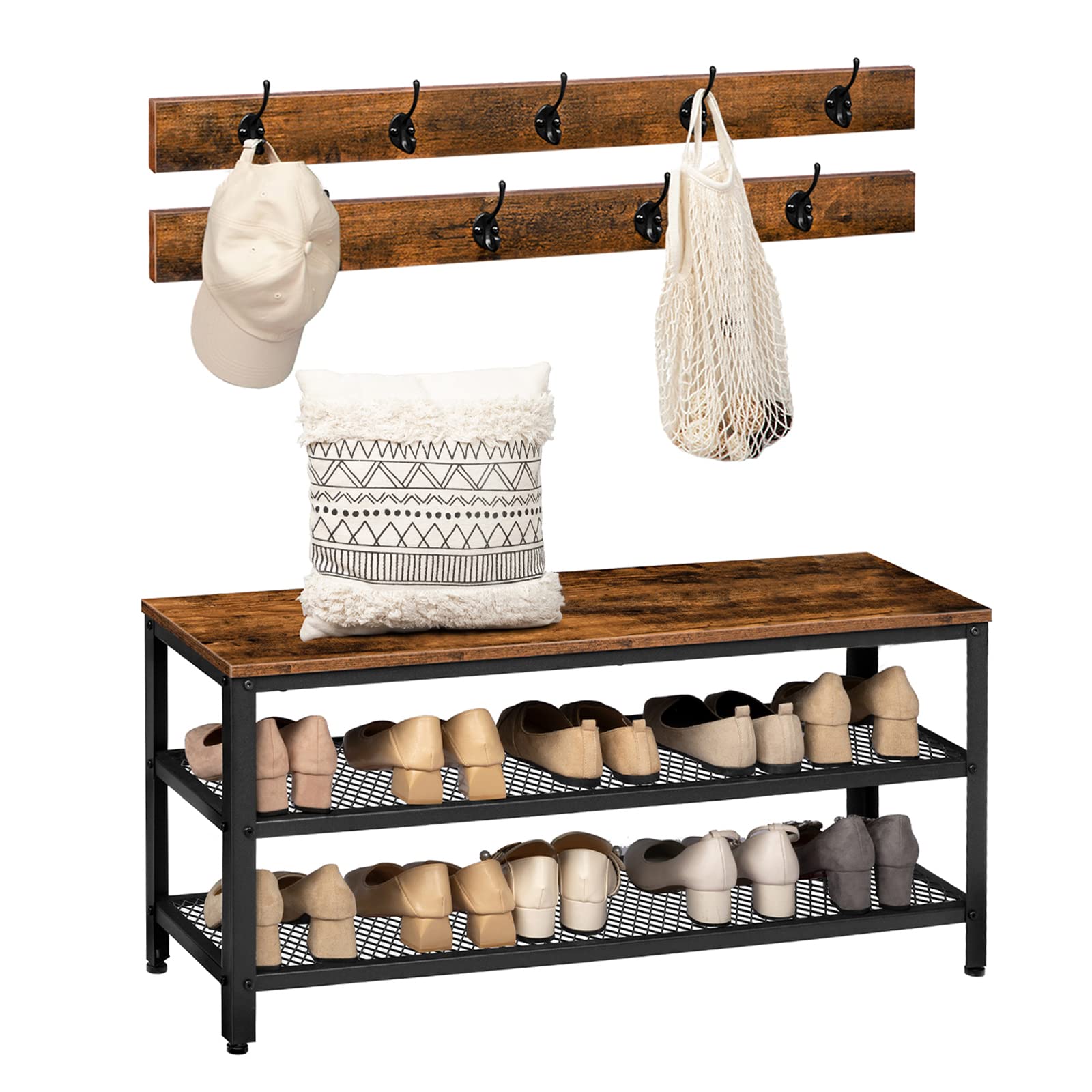HOOBRO Garderobe Schuhregal Set, 100cm Garderobenständer mit Sitzbank, Schuhbank mit Sitzfläche, 9 Haken, Industriestil, Metallrahmen, für Flur, Eingangsbereich, Dunkelbraun-Schwarz EBF171MT01