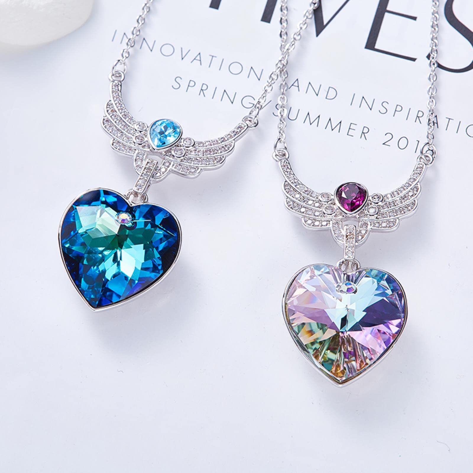 Collana Impreziosito con Cristalli Collane Gioielli per Le Donne Blue Heart Pendant Wings Jewelry