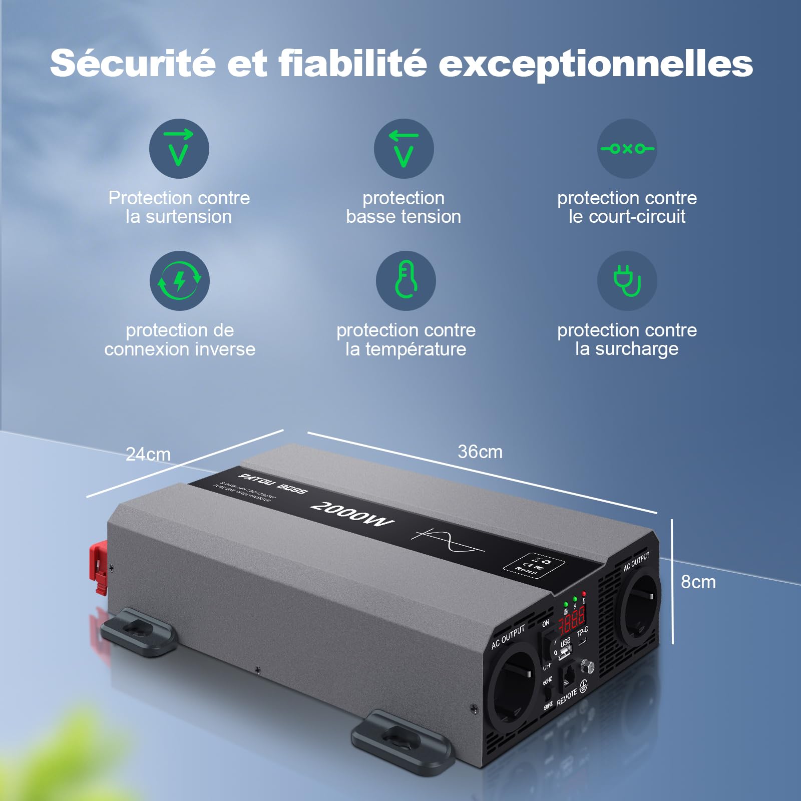 DATOUBOSS Convertisseur 12V 220V 2000W(4000W Crête) Pur Sinus, Transformateur Onde Sinusoïdale Pure, Onduleur avec 2 Prises EU, USB-A et USB-C,Écran LCD,Commande à Distance,Camping-Car Voiture,Solaire