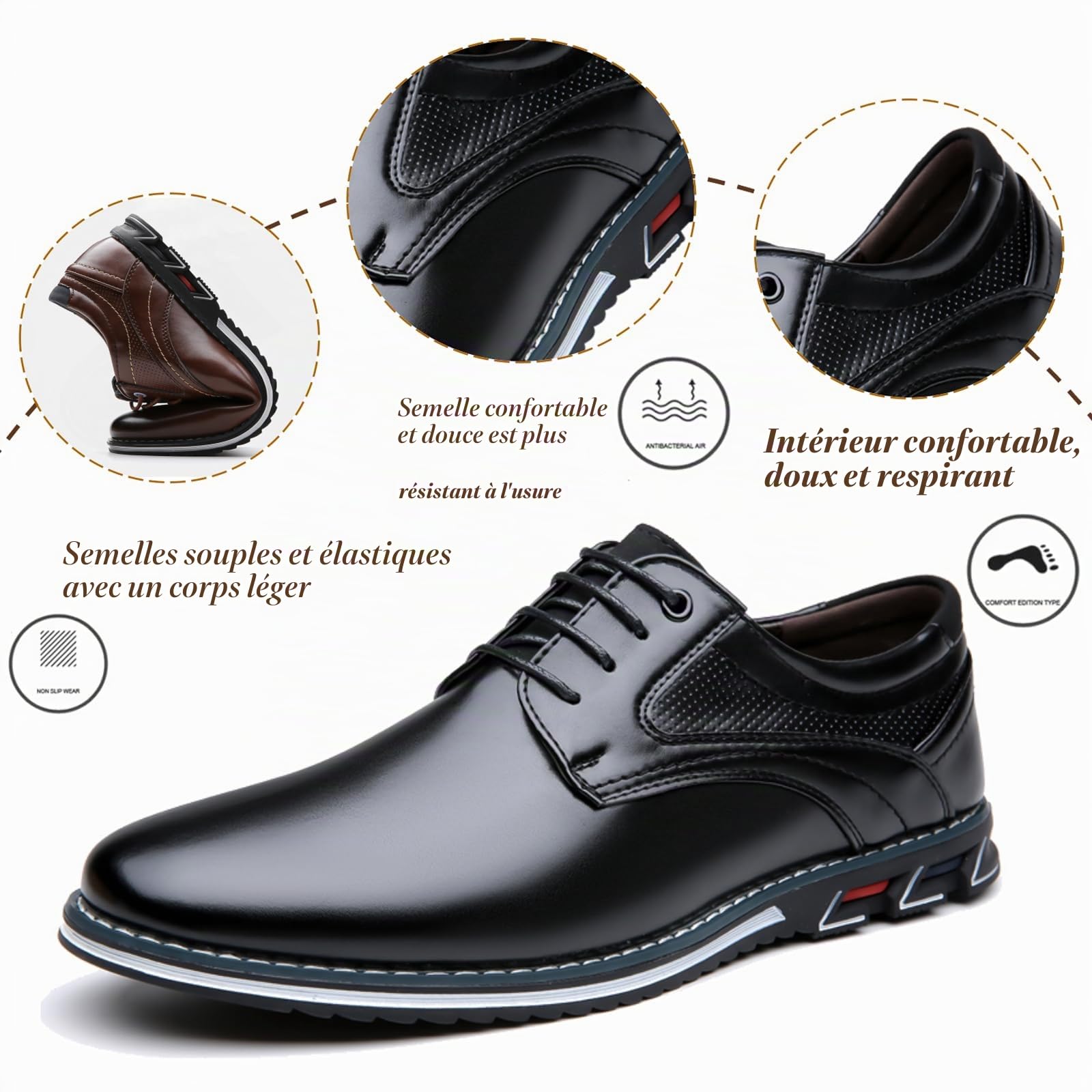 Chaussures Oxfords et Derbies pour Hommes en Cuir Véritable Léger Durable Élégant et Confortable pour Mariage Bureau et Ville