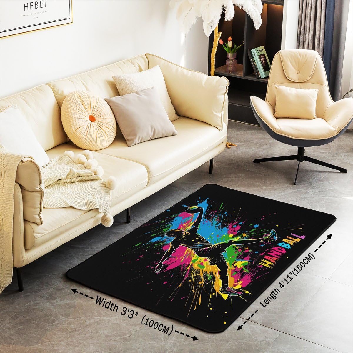 Homewish Tapis Salon 100x150cm Handball,Tapis Chambre Ball Sports,Tapis Sol pour Garçons Filles Graffiti Points Aquarelle Arc-en-Ciel,Décoration D'Intérieur Silhouette D'Athlète Rouge Bleu