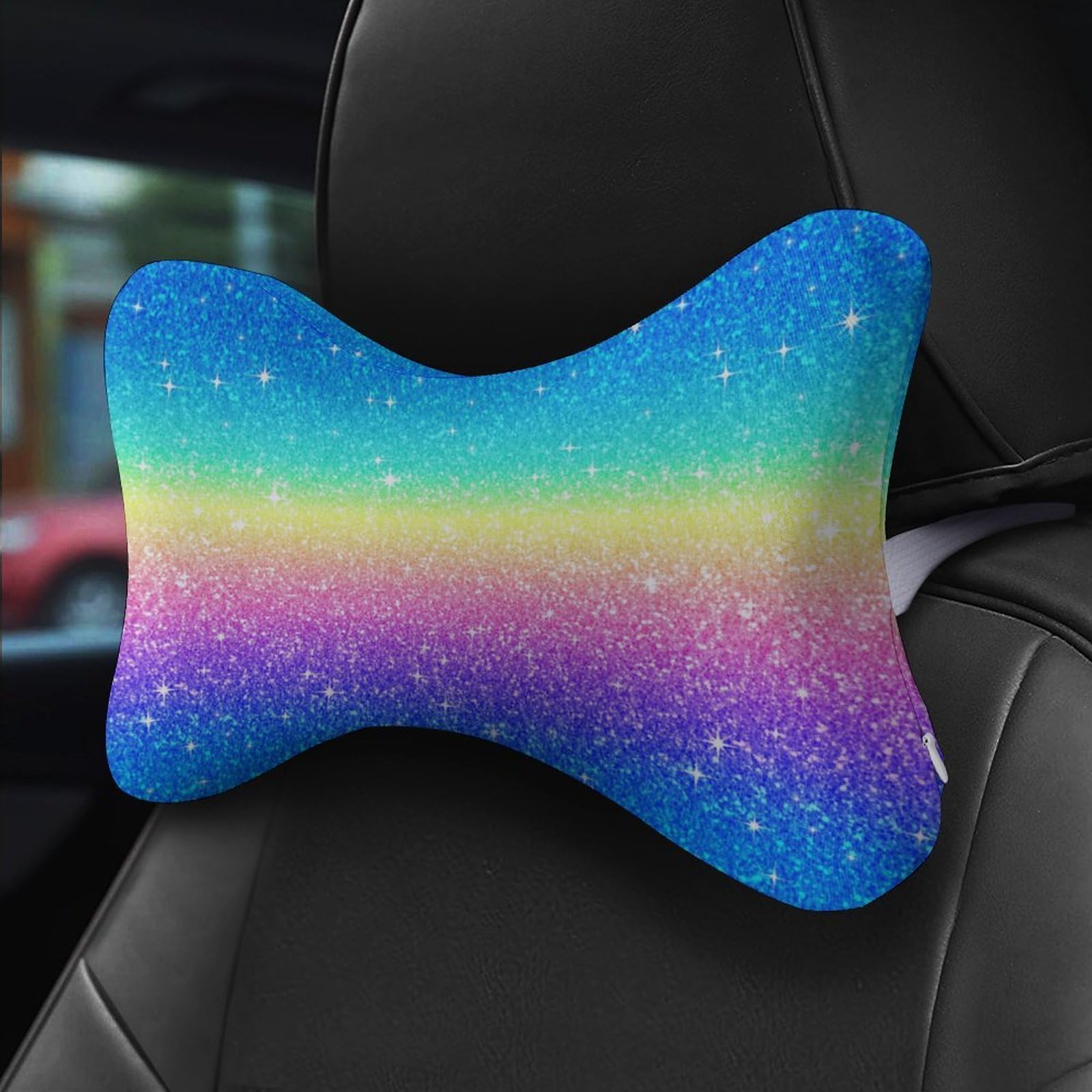 SMAZDFXX Rainbow Ombre Glitters Car Neck Pillow Set of 2 Car Seat Head Support Cushion Bone Pillows with Elastic Strap