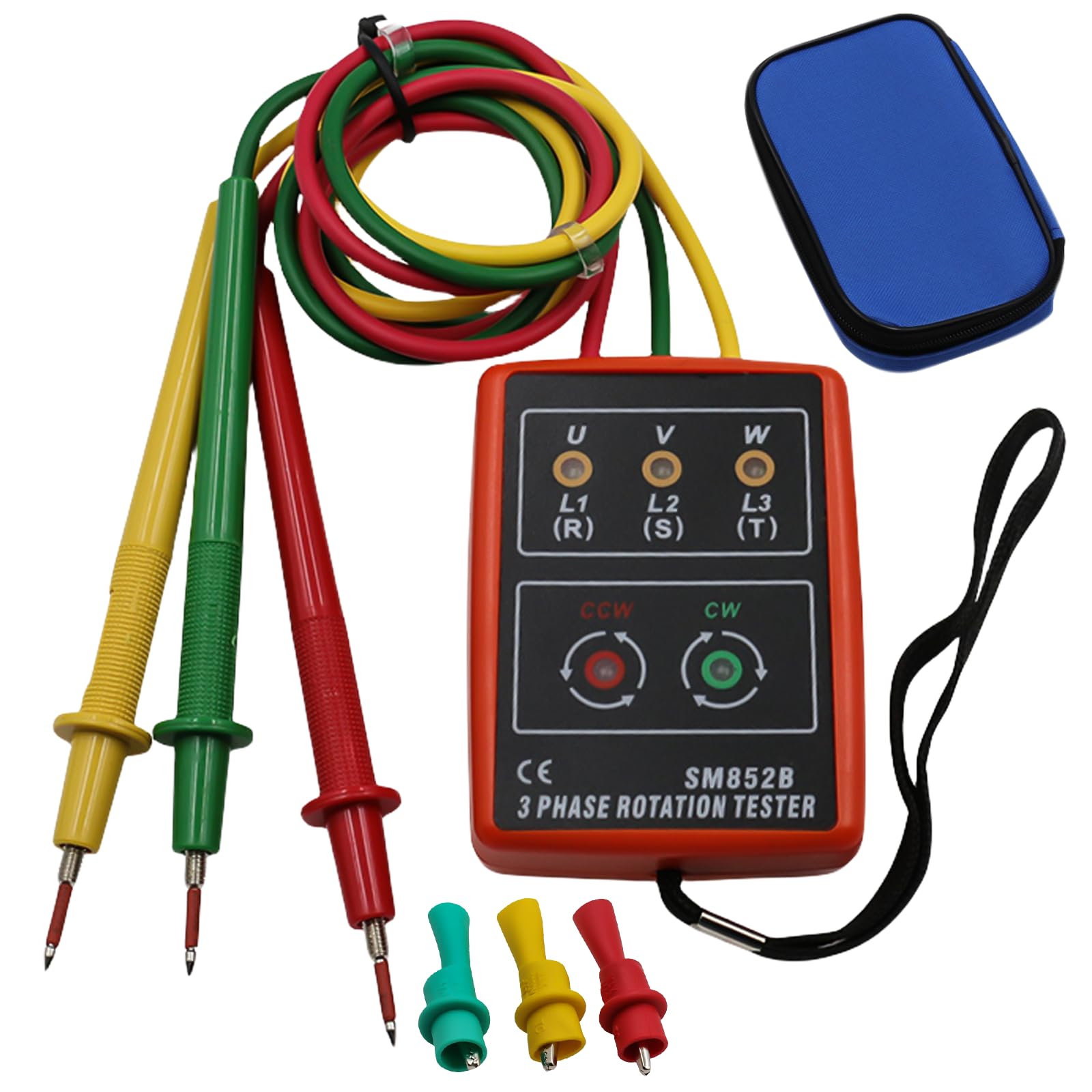 Testeur de phase portable à 3 phases : compteur de champ rotatif AC 60 V ~ 600 V, testeur de rotation à 3 phases, testeur de tension avec buzzer et pinces crocodiles pour appareils de haute
