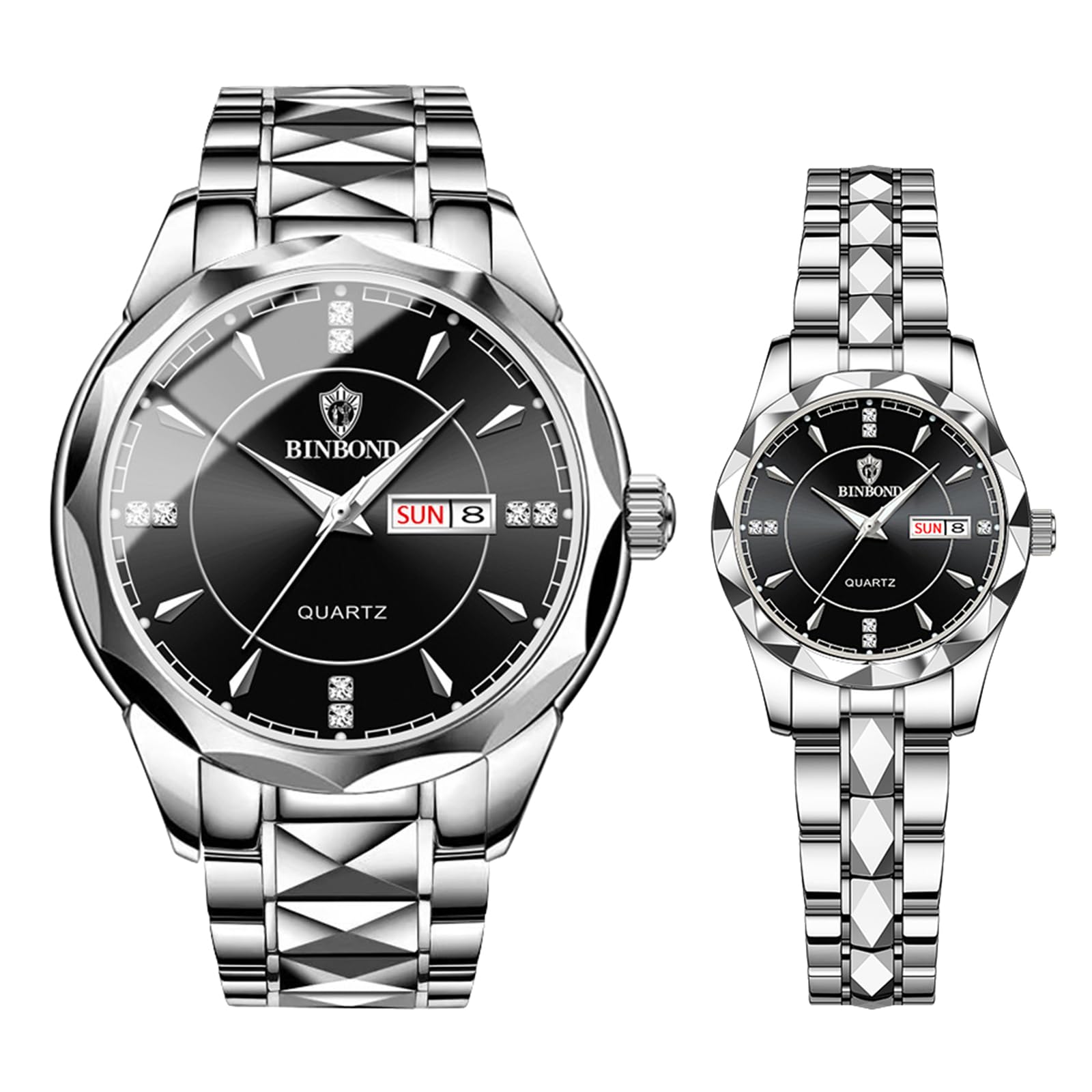 Couple Watches Gift Set: His and Her Rhombus Quartz Analog Stainless Steel Luminous Hands Date 3 ATM Waterproof Business Casual Men Women Watch Sets