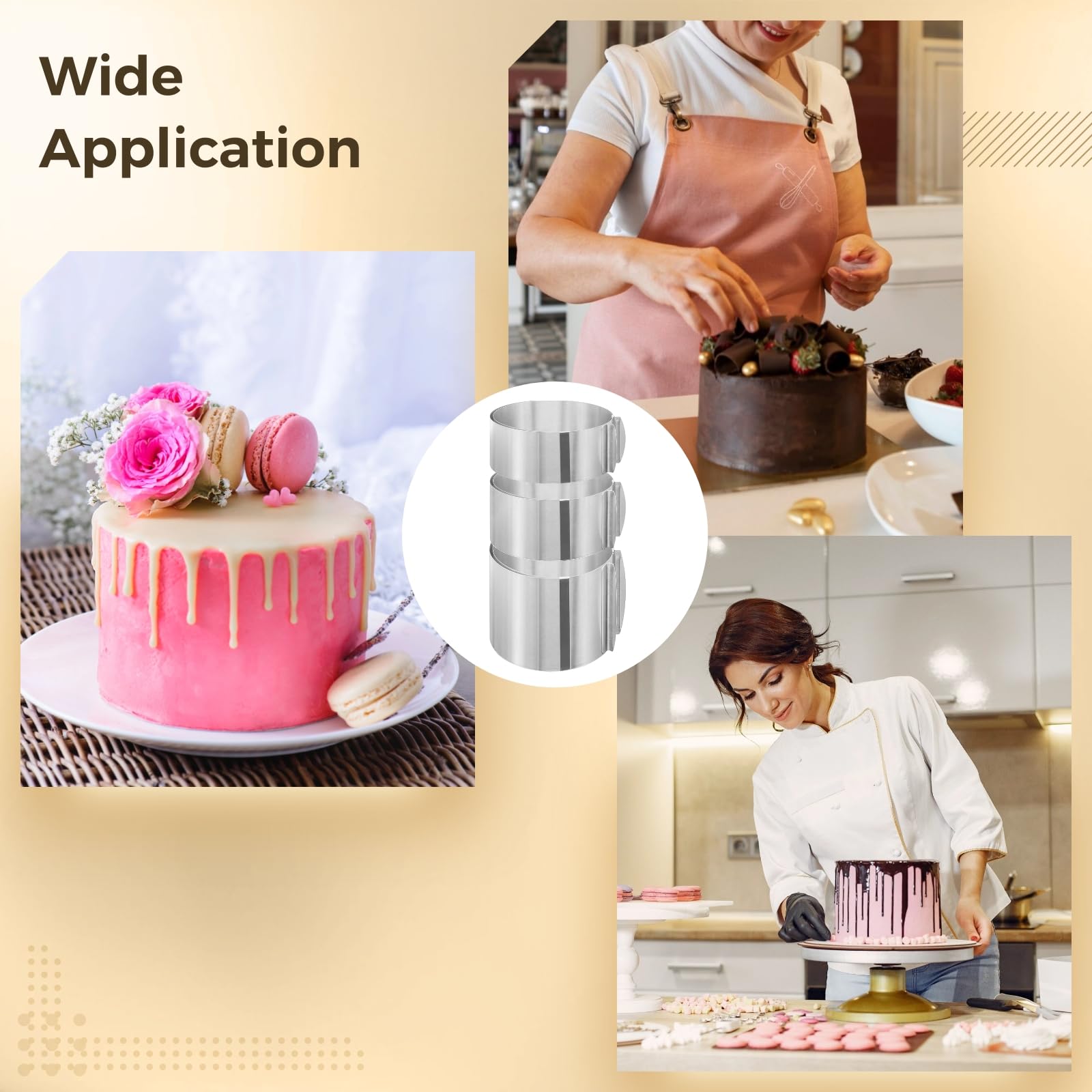 Set di 3 anelli regolabili per torte, in acciaio inossidabile, 2.4 in / 6 cm, 3.1 in / 8 cm, 5.9 in / 15 cm di altezza, larghezza regolabile per torte multistrato, facili da pulire, per panettieri