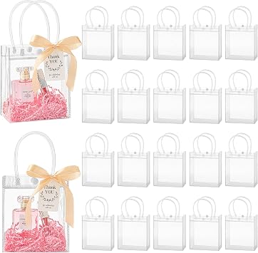 Mauproy Clear Plastic Gift Bags with Handles, 5.9 x 4.9 x 2.8 Inch, 50 Pack | Party Favor Bags with Ribbons and Tags, Reusable Goodie Tote Bags for Birthday, Wedding, Baby Shower, Bulk