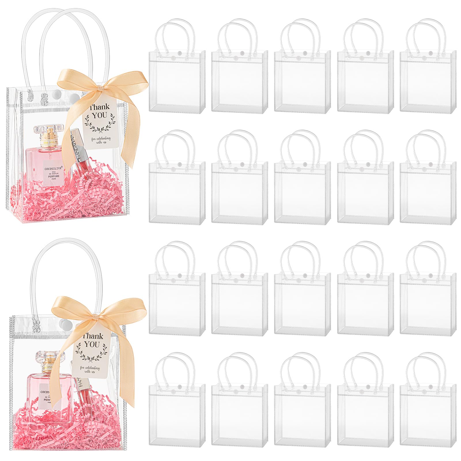 Photo 1 of Mauproy 50 Pack Clear Plastic Gift Bags with Handles, Party Favor Bags with Ribbons and Tags, Reusable Goodie Tote Bags for Graduation Wedding Baby Shower (4.9" x 5.9" x 2.8")
