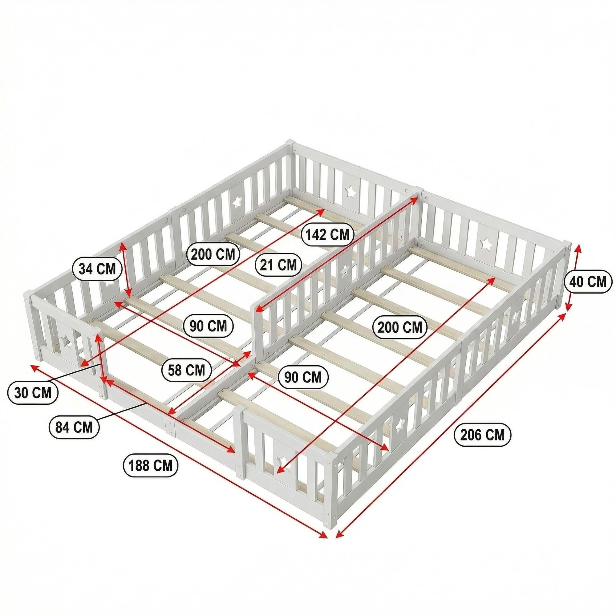 Cama infantil 180x200 cm madera protección anticaídas somier doble juvenil diseño escandinavo gris