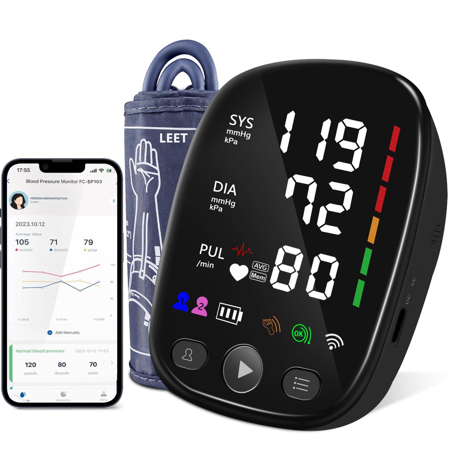 Automatic Arm Blood Pressure Monitor for Home Use - with Adjustable Large Cuff (8.7"-17.3"), Bluetooth App Tracking, LED Display 2 Users 240 Sets Memory, Hypertension Detector