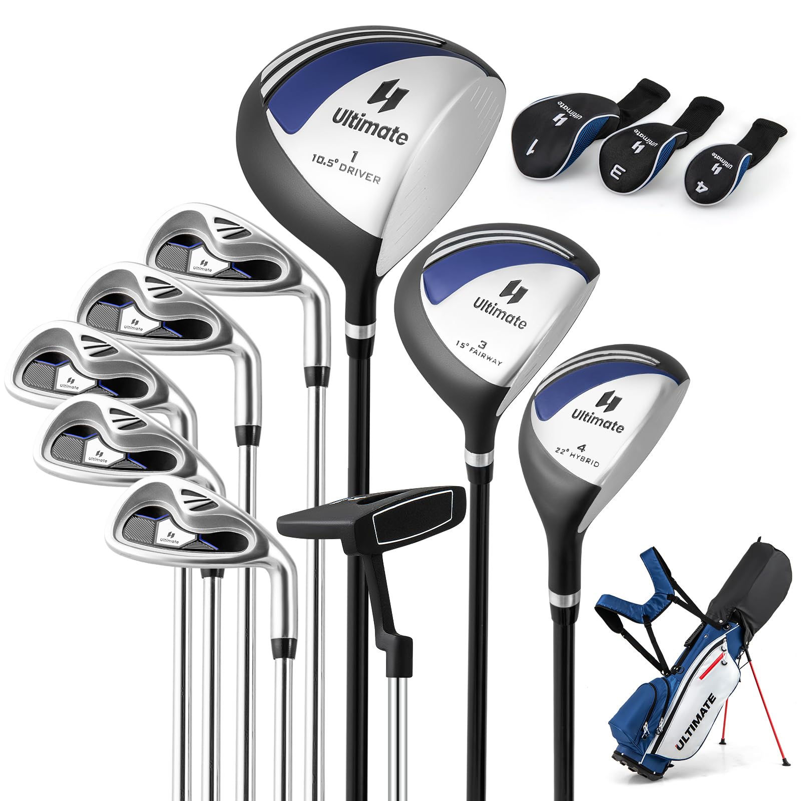 GOPLUS Męski zestaw kijów golfowych, kompletny zestaw, zestawy kijów golfowych, w zestawie 1 Driver, 3 Fairway, 5 Hybrid i 1 torba stojąca, z regulowanymi paskami na ramię, prawa ręka (niebieski)