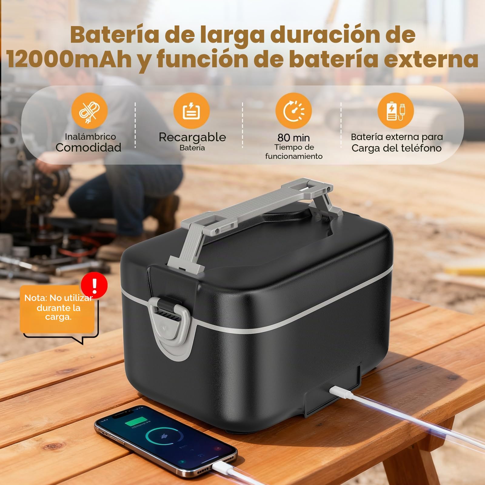 Fiambrera eléctrica con batería, 16.000 mAh, con función de calefacción, 1,2 L, con temperatura ajustable, modo de mantenimiento del calor y retardo de inicio de 12 horas para oficina, viajes y