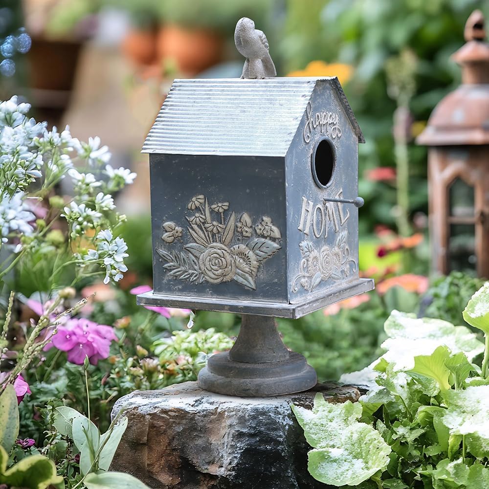 Vintage Hanging Bird Houses for Outside Metal Bird Nest Box for Bluebird Wren Chickadee Sparrow Garden Patio Outdoors Birdhouses Unique Distressed White/Gold Decoration