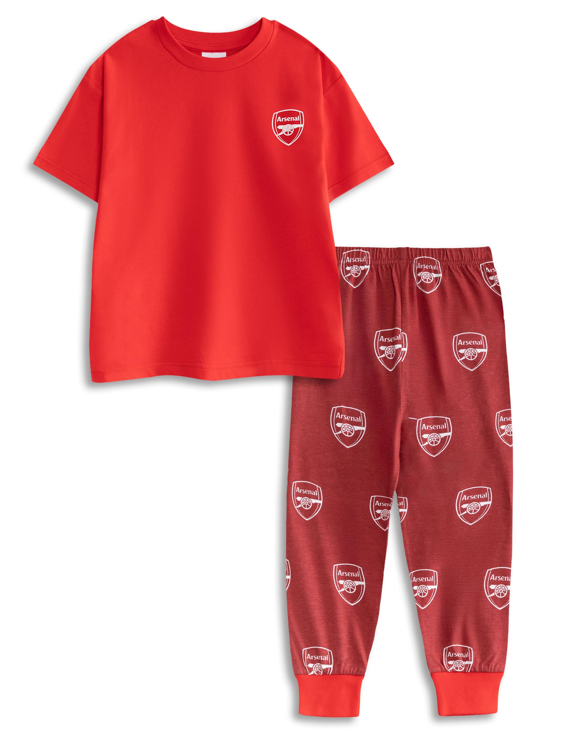 Vanilla Underground Boys Red Arsenal Short Sleeve Long Leg Pyjama Set | Classic Sleepwear With Logo | Sports Theme Nightwear For Kids | Comfortable Cotton Pjs | Merch
