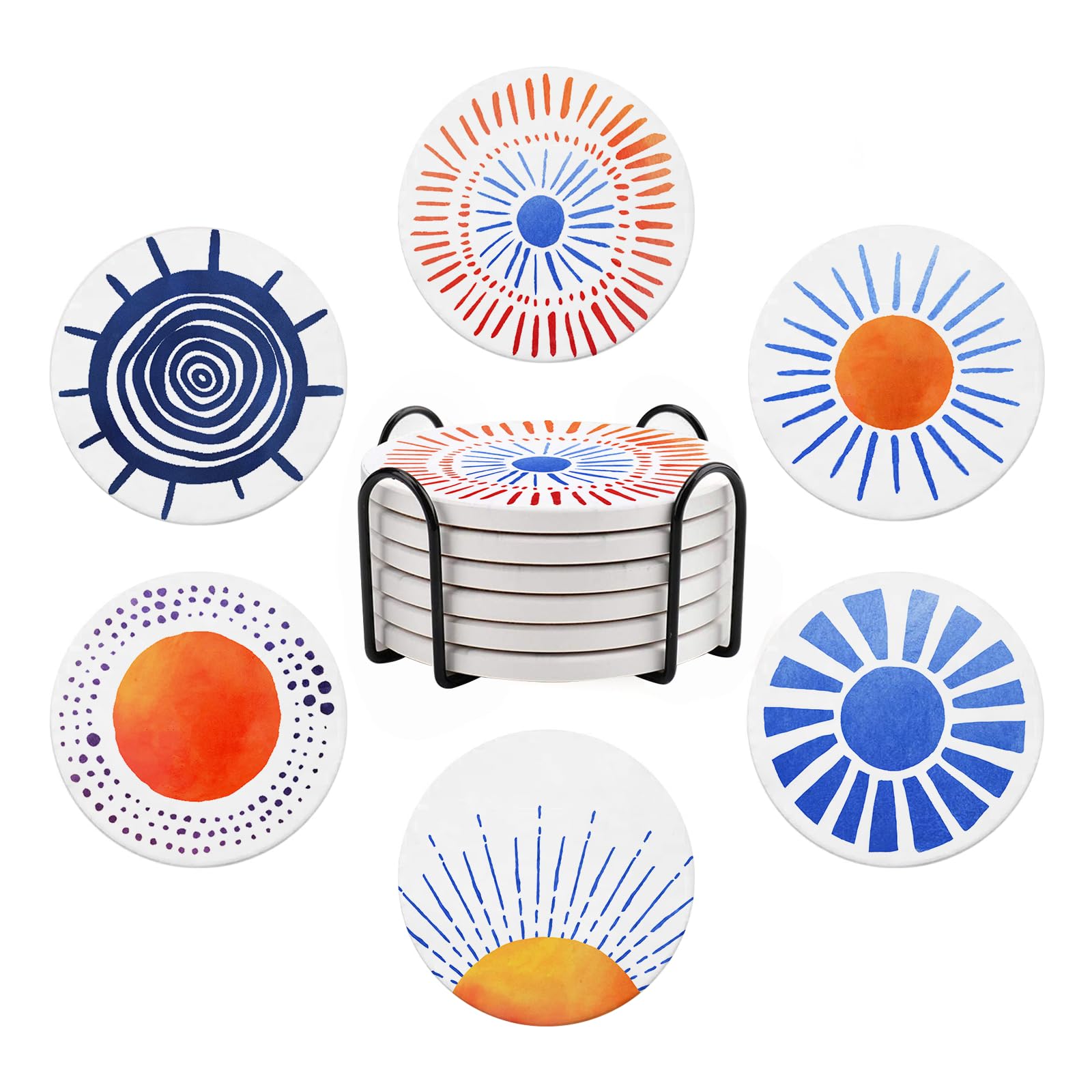 6 Pcs Geometric Patterns Ceramic Coaster with Holder, Art Flower Absorbent Drink Coasters for Drinking, Round Non-Slip Drink Coffee Bar Mug Cup Decoration Gifts
